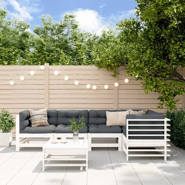Salon de jardin 6 pcs avec coussins blanc bois massif