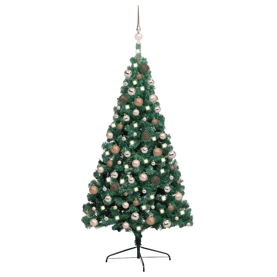Demi-arbre de Noël artificiel pré-éclairé et boules vert 240 cm
