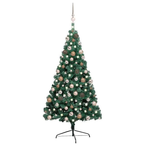 Demi-arbre de Noël artificiel pré-éclairé et boules vert 240 cm