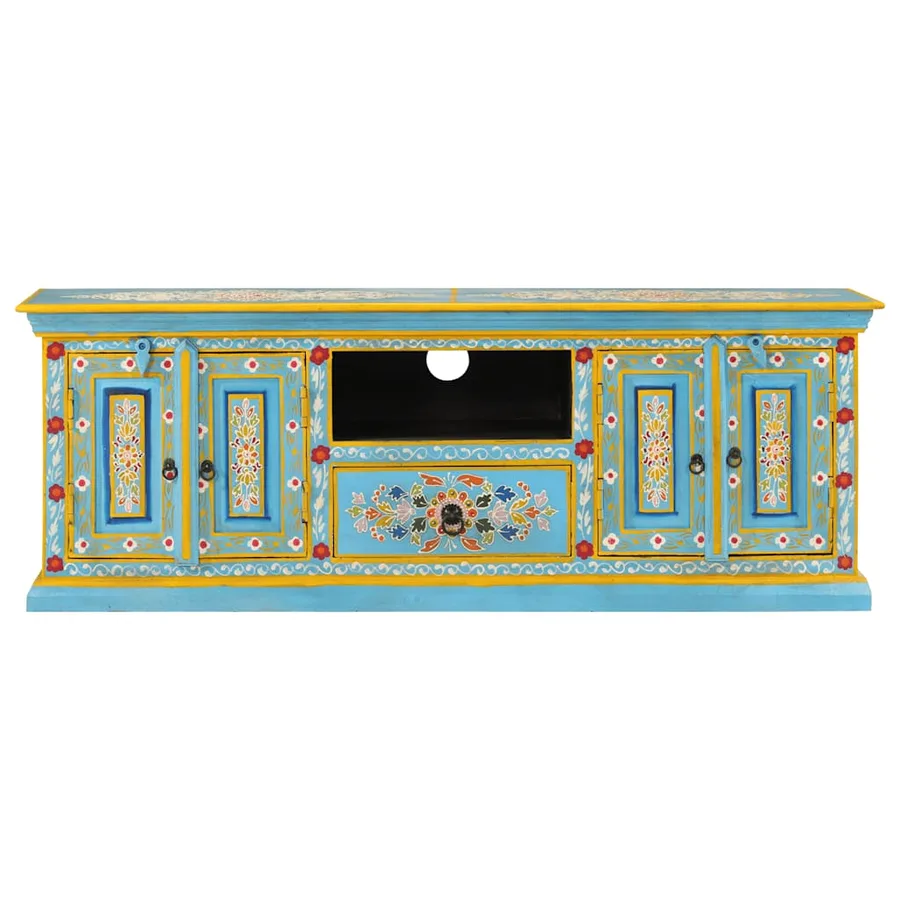 Meuble TV bleu 110x30x40 cm bois massif de manguier - 3