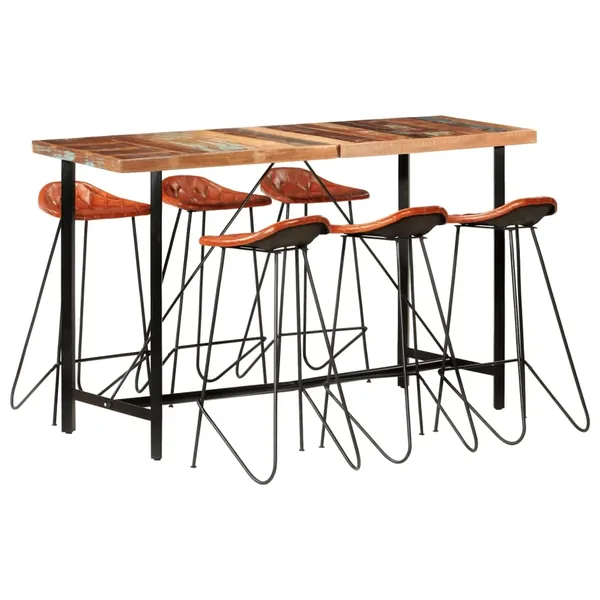 Ensemble de bar 7 pcs Bois de récupération et cuir véritable
