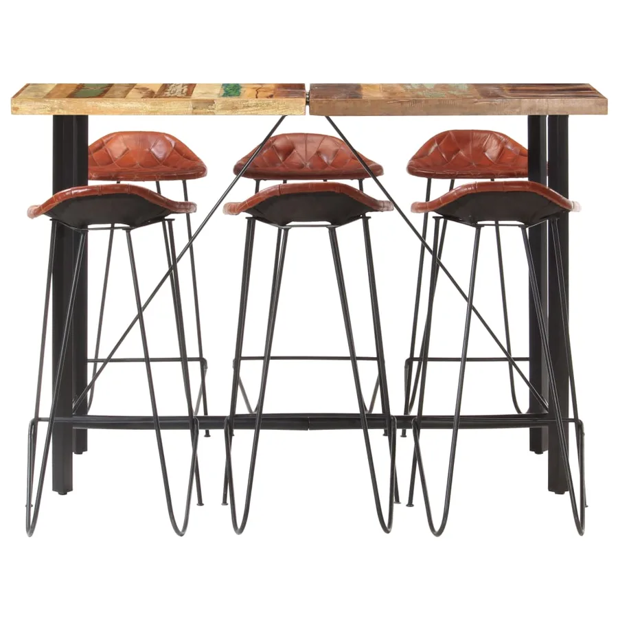 Ensemble de bar 7 pcs Bois de récupération et cuir véritable - 2