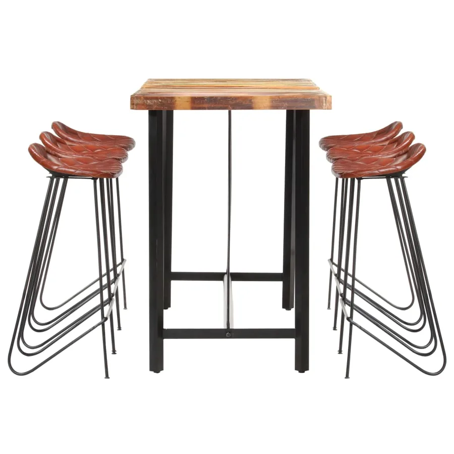 Ensemble de bar 7 pcs Bois de récupération et cuir véritable - 3