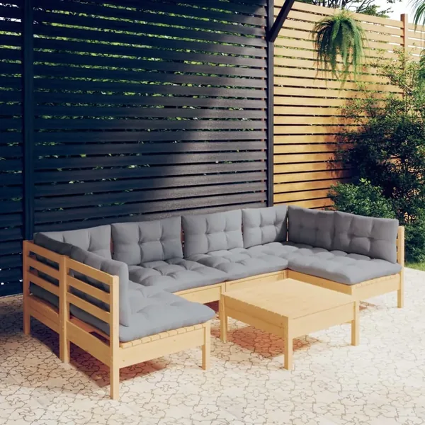 Salon de jardin 7 pcs avec coussins gris bois de pin massif
