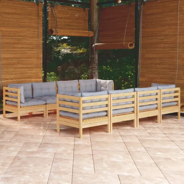 Salon de jardin 9 pcs avec coussins gris bois de pin massif