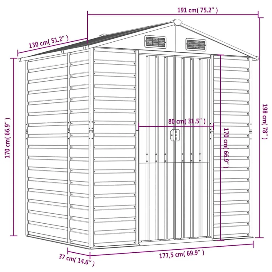 Abri de jardin gris clair 191x130x198 cm acier galvanisé - 12