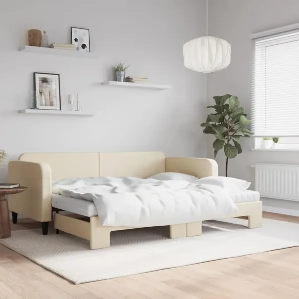 Lit de jour avec gigogne et matelas crème 90x200 cm tissu