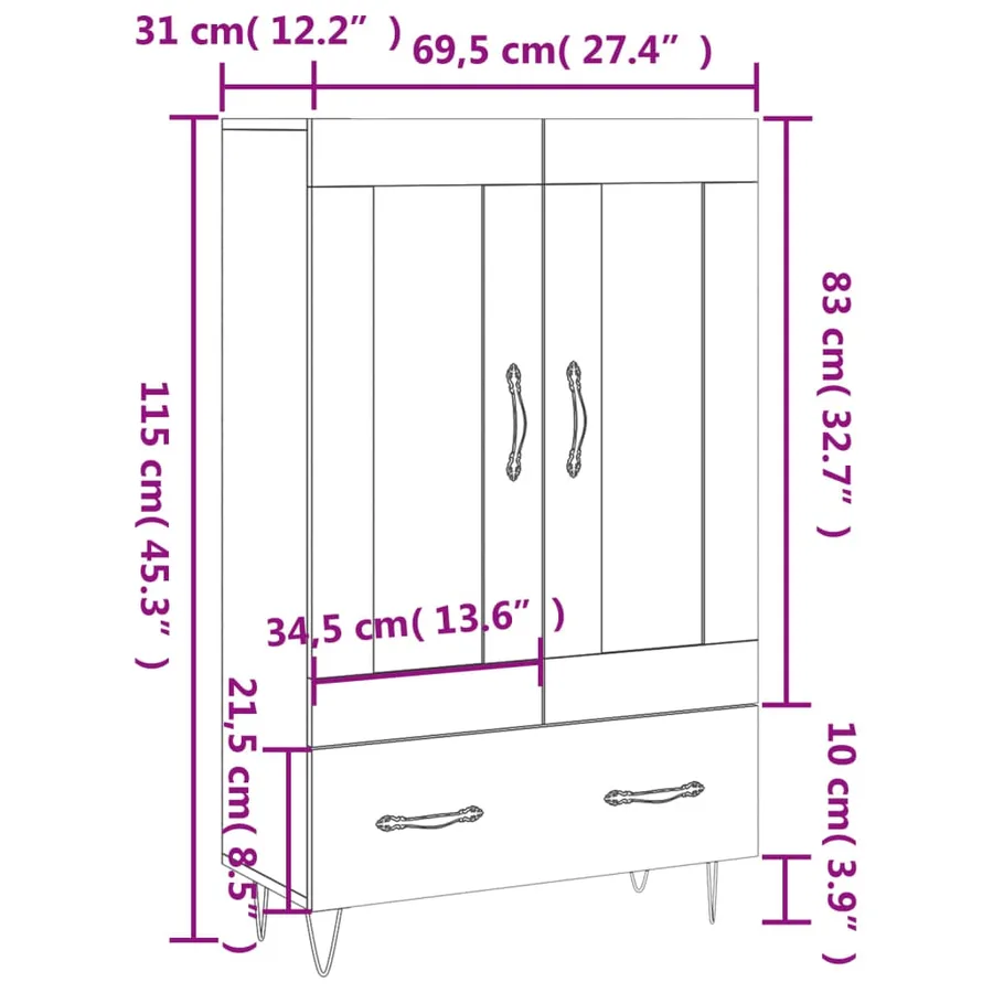 Buffet haut chêne sonoma 69,5x31x115 cm bois d'ingénierie - 13