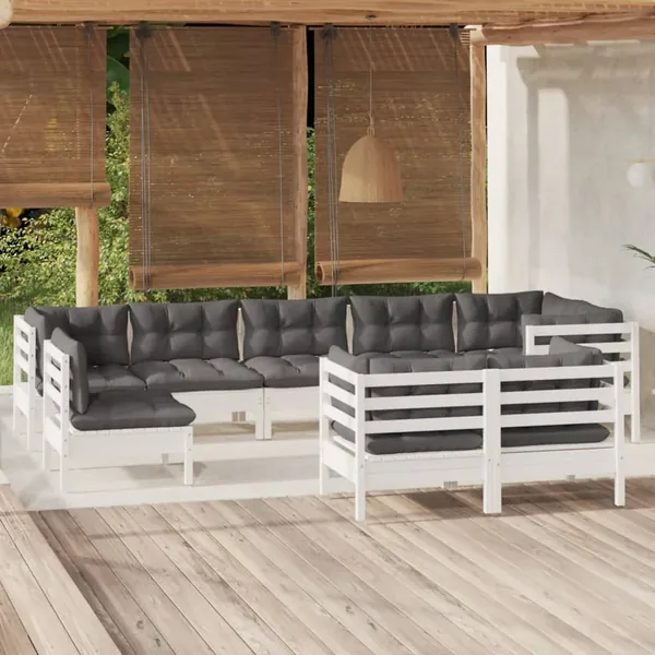 Salon de jardin 9 pcs avec coussins blanc bois de pin massif