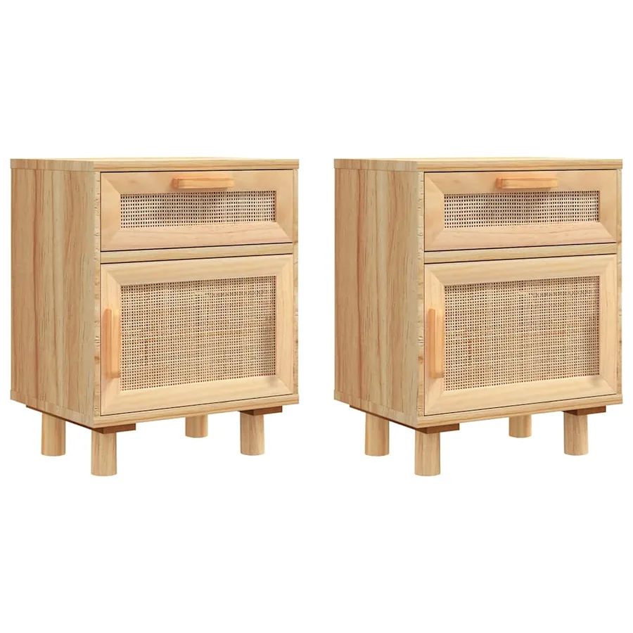 Tables de chevet 2 pcs Marron Bois pin massif et rotin naturel - 2