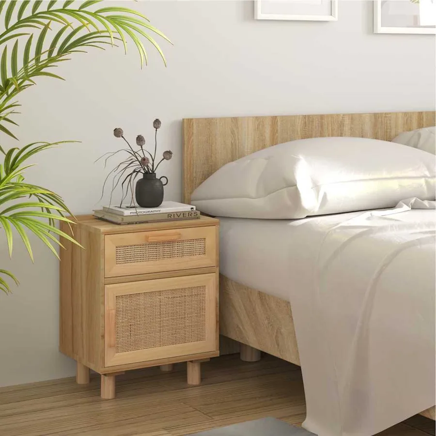Tables de chevet 2 pcs Marron Bois pin massif et rotin naturel - 3
