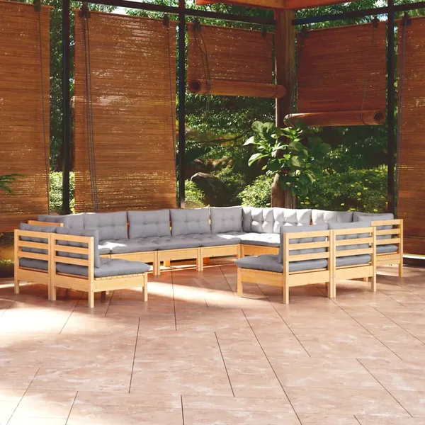 Salon de jardin 12 pcs avec coussins gris Bois de pin massif