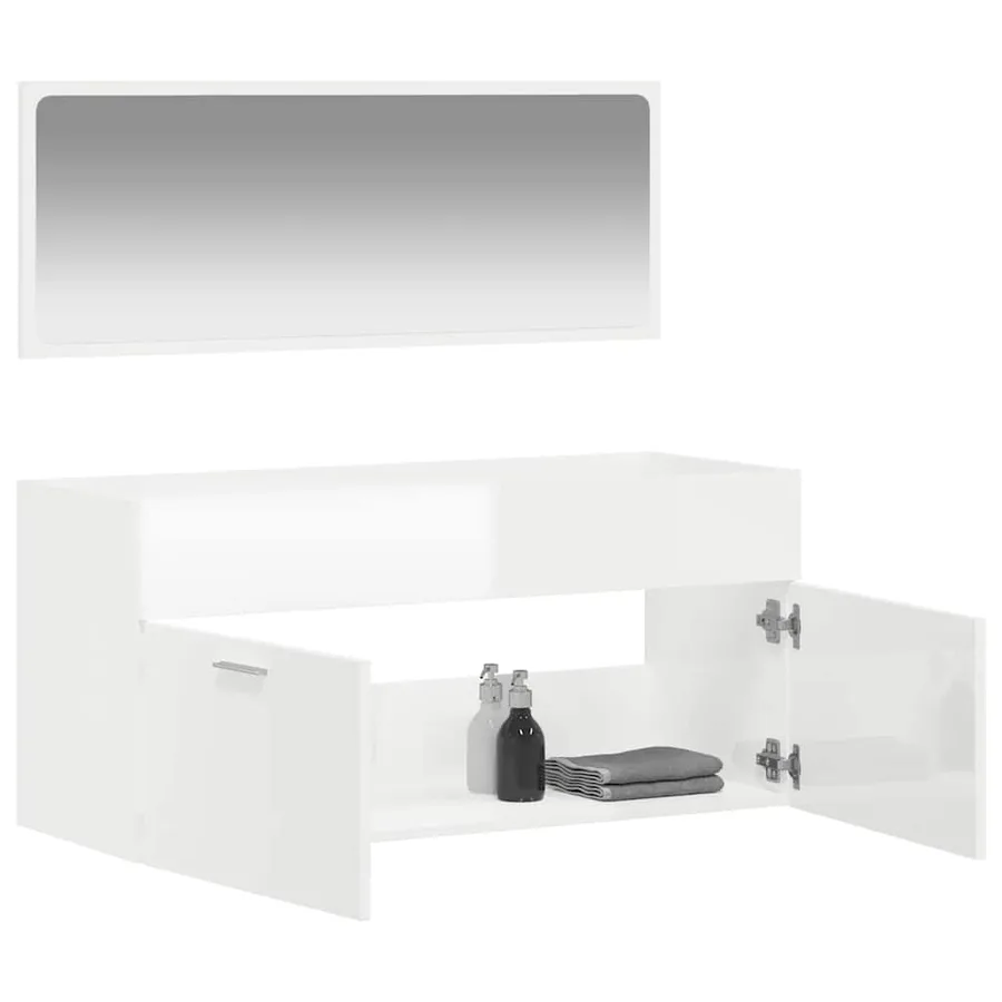 Armoire de bain avec miroir blanc brillant bois d'ingénierie - 3