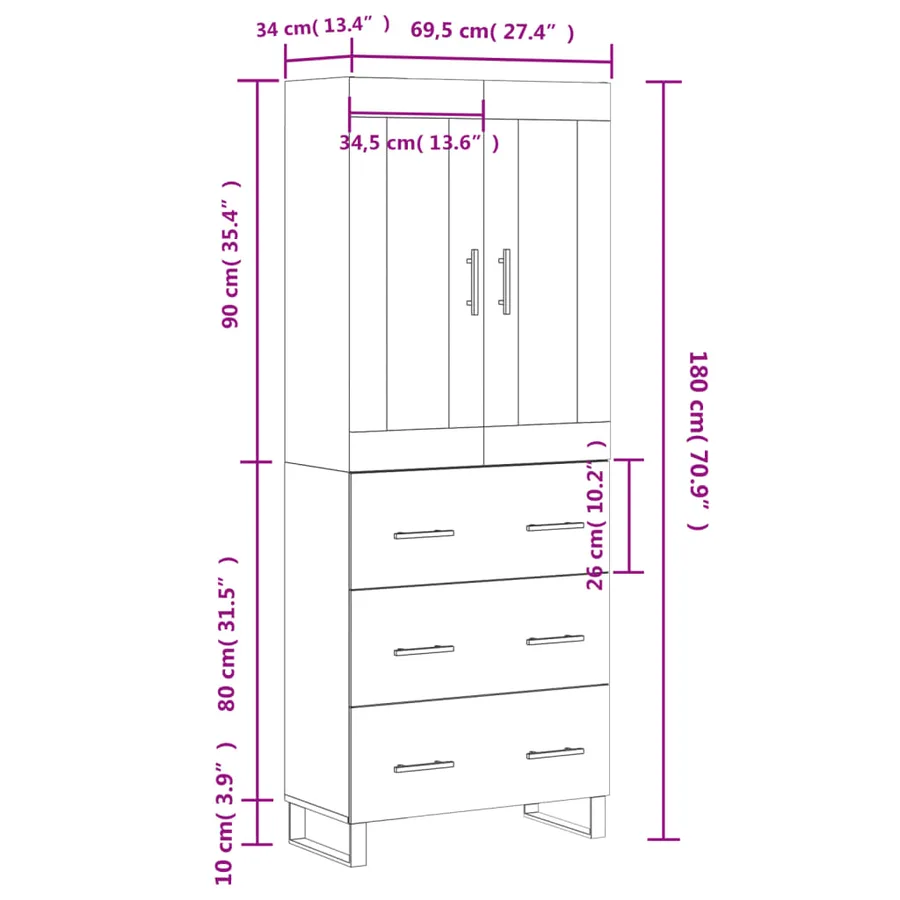 Buffet haut Chêne sonoma 69,5x34x180 cm Bois d'ingénierie - 14