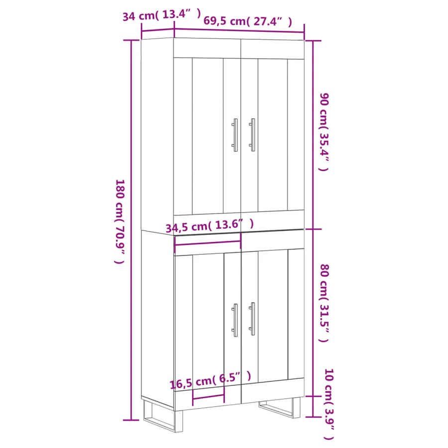 Buffet haut Blanc 69,5x34x180 cm Bois d'ingénierie - 13
