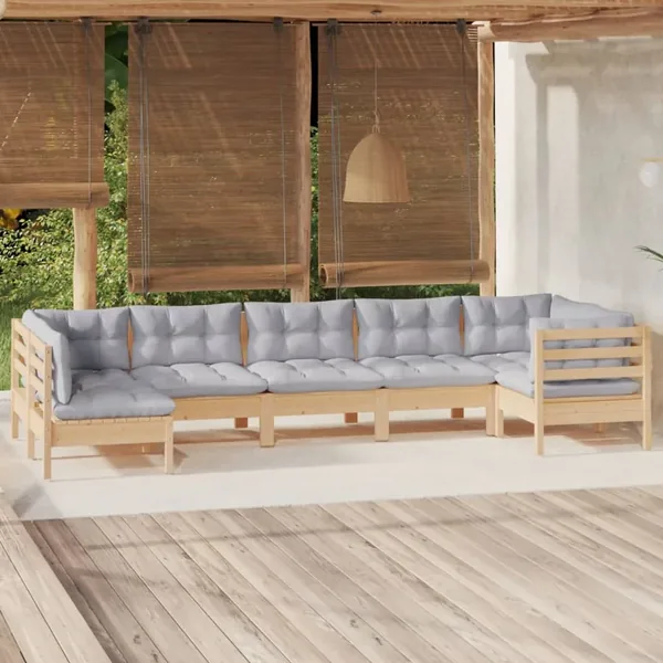 Salon de jardin 7 pcs avec coussins gris bois de pin