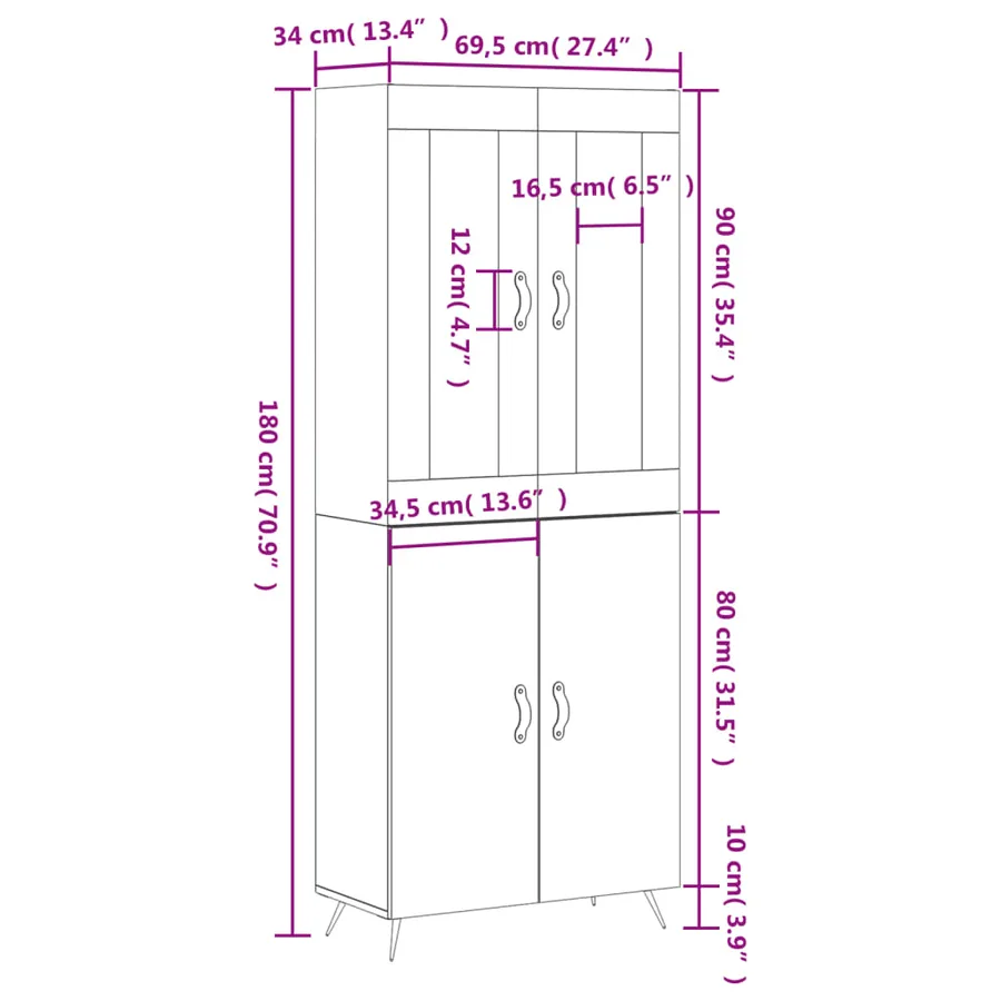 Buffet haut Blanc brillant 69,5x34x180 cm Bois d'ingénierie - 13