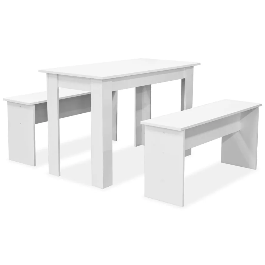Table de salle à manger et bancs 3 pcs Bois d'ingénierie Blanc - 2