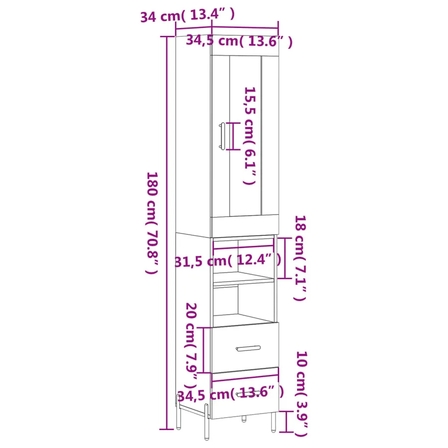 Buffet haut Gris béton 34,5x34x180 cm Bois d'ingénierie - 14