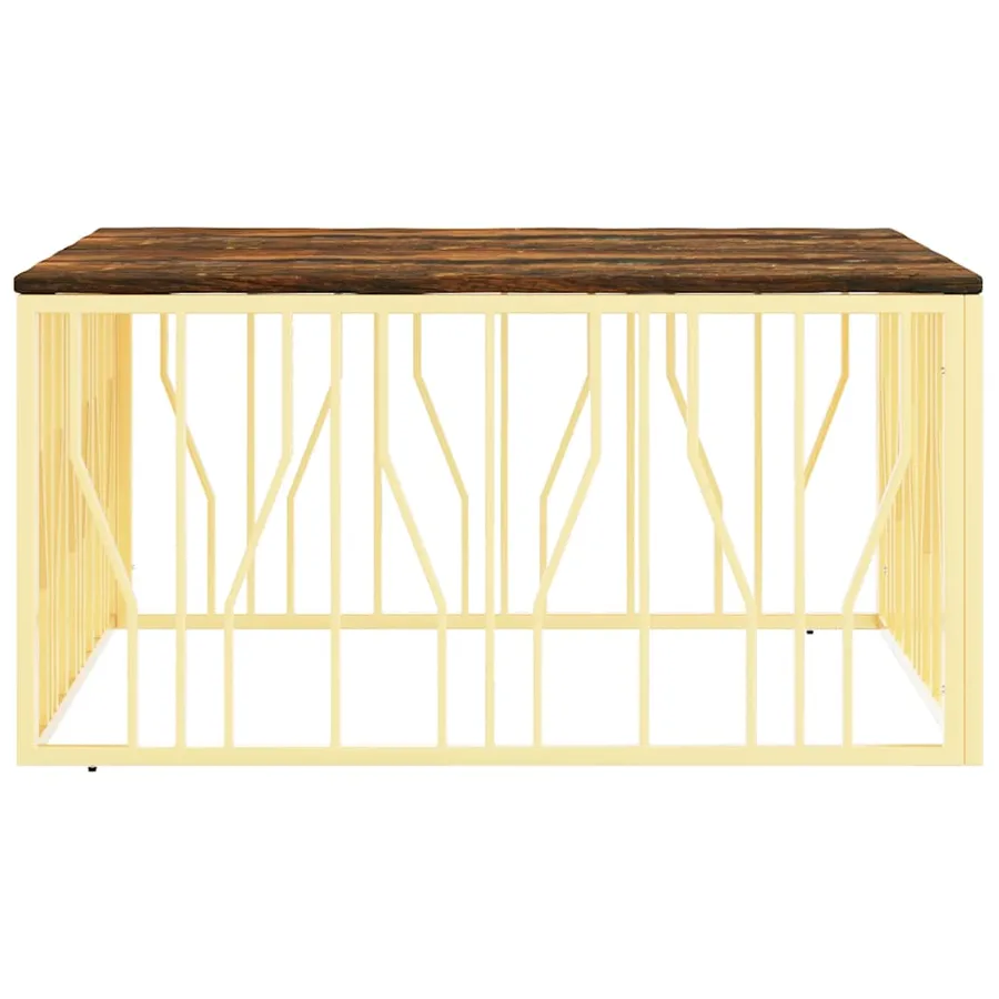 Table basse doré acier inoxydable et bois massif récupération - 3