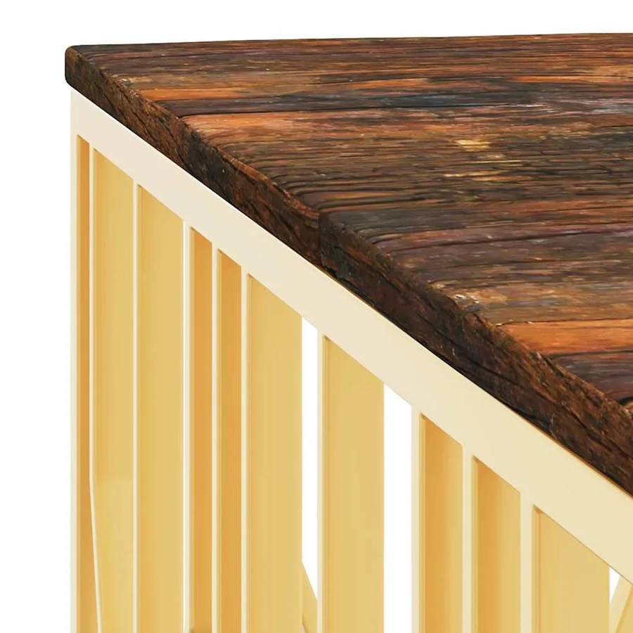 Table basse doré acier inoxydable et bois massif récupération - 5