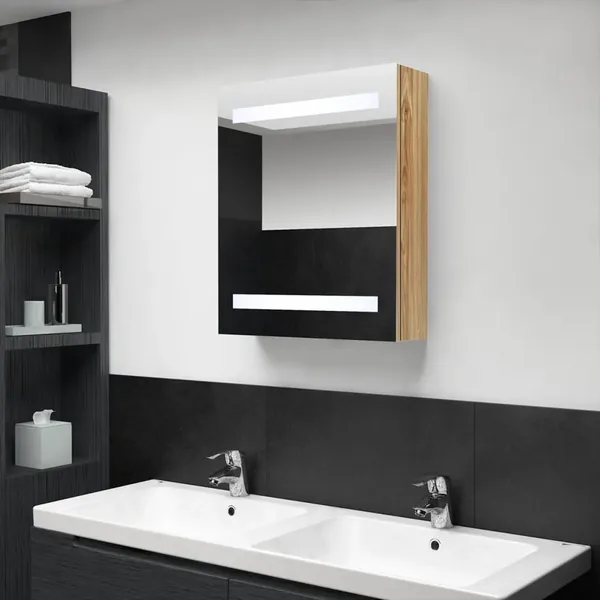 Armoire de salle de bain à miroir LED chêne 50x14x60 cm
