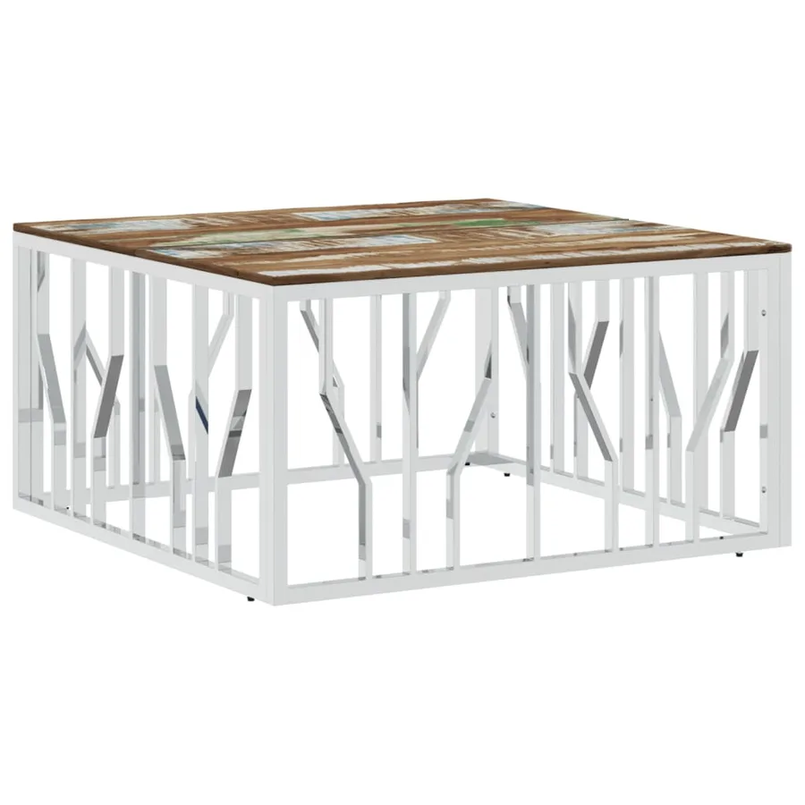 Table basse argenté acier inoxydable/bois massif récupération - 2