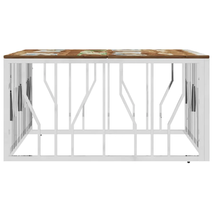Table basse argenté acier inoxydable/bois massif récupération - 3