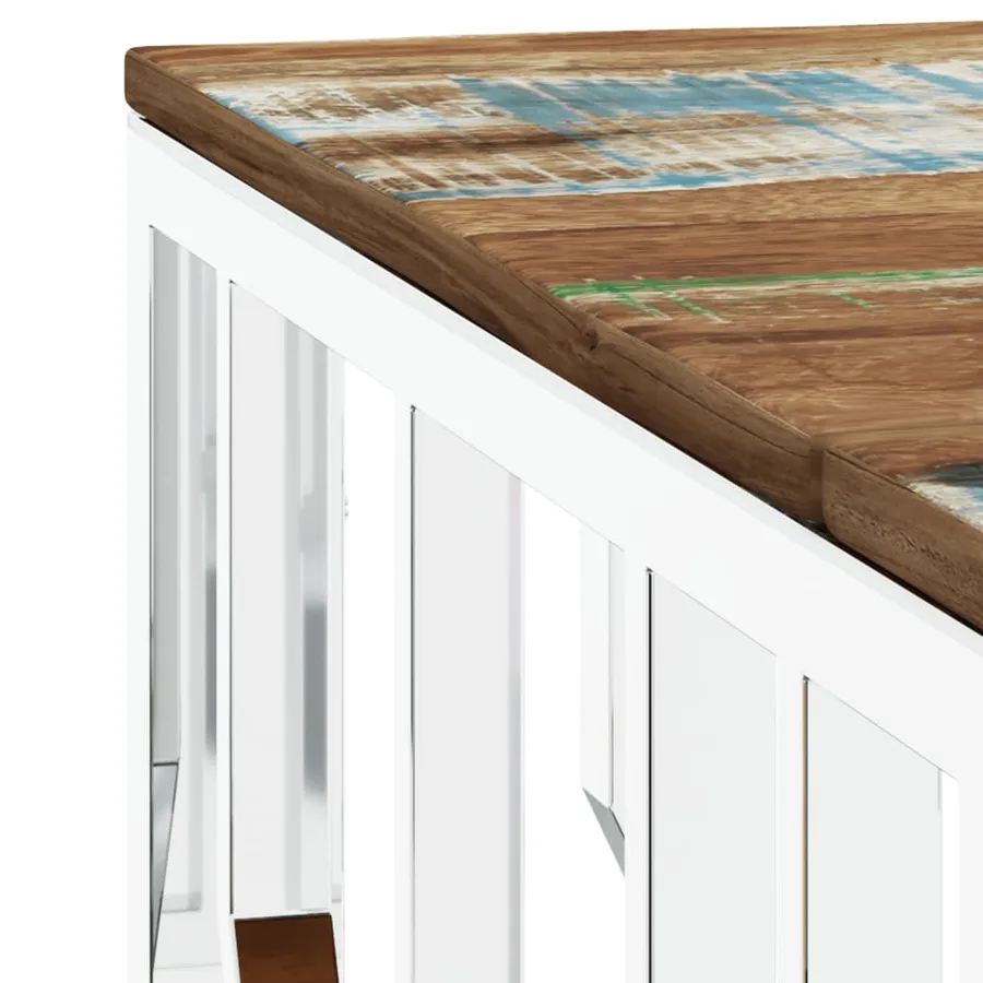 Table basse argenté acier inoxydable/bois massif récupération - 5
