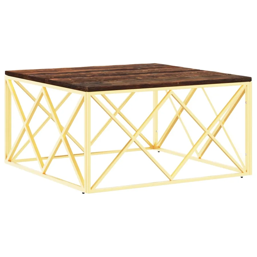 Table basse doré acier inoxydable et bois massif récupération - 2