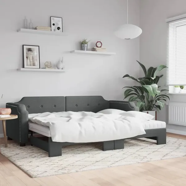 Lit de jour avec gigogne et matelas gris foncé 80x200 cm tissu