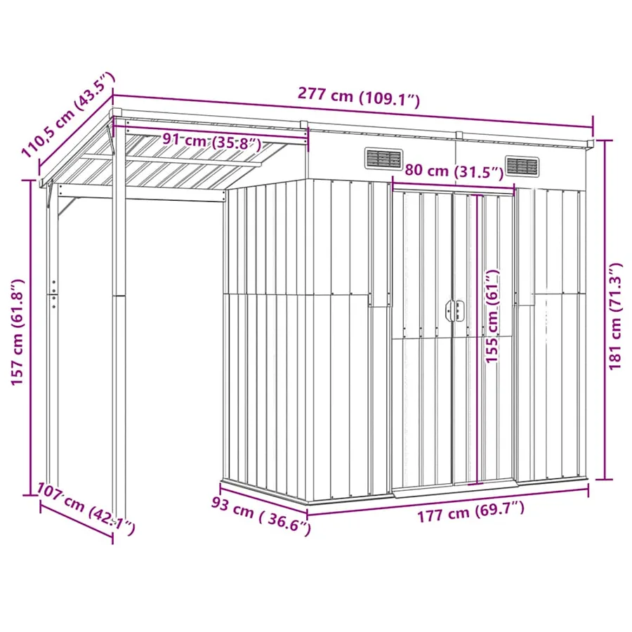 Abri de jardin avec toit allongé gris clair 277 x 107 x 181 cm en Métal - 9