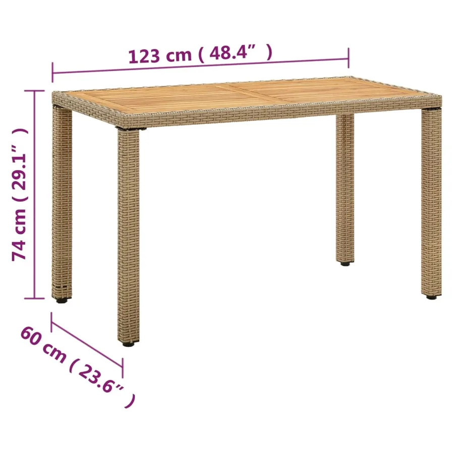Table de jardin Beige 123x60x74 cm Résine tressée bois massif - 6