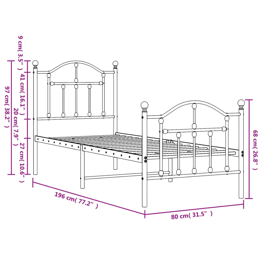 Cadre de lit métal sans matelas avec pied de lit noir 75x190 cm - 9