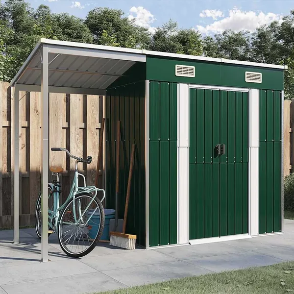 Abri de jardin avec toit prolongé vert 277x107x181 cm acier