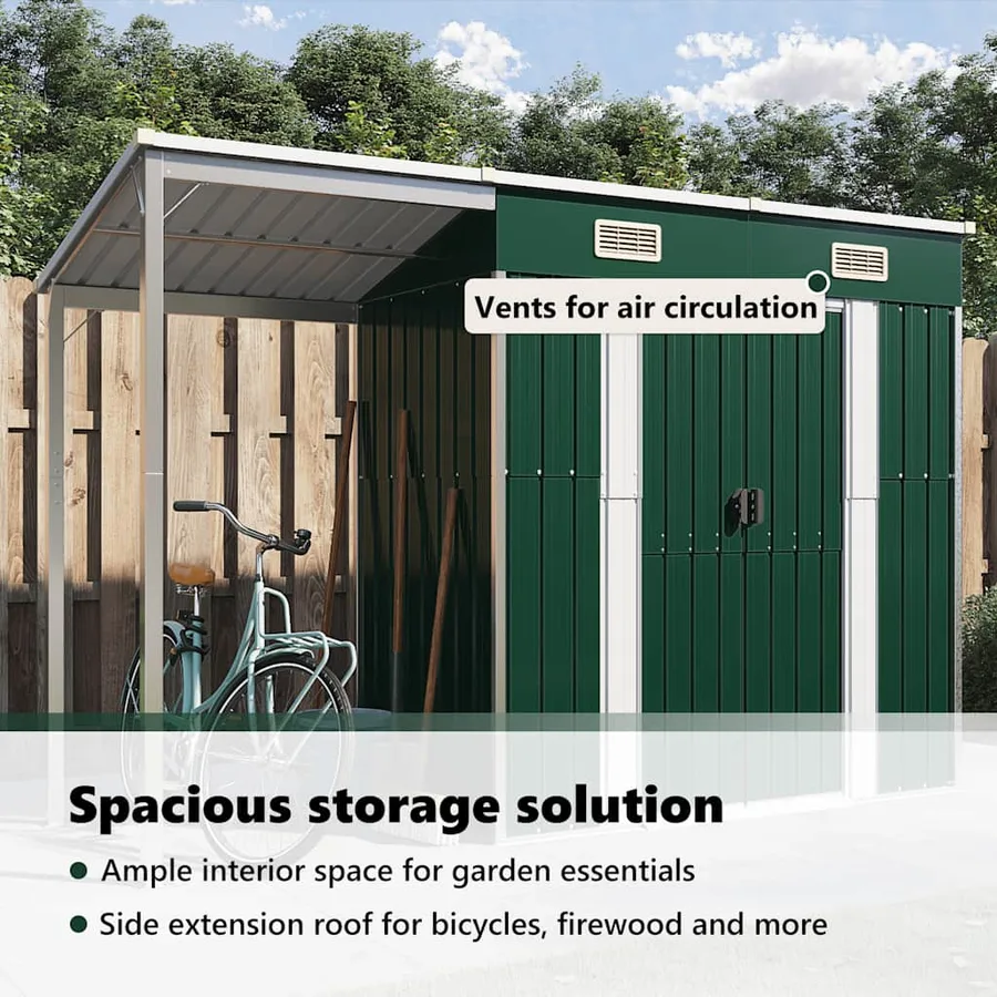 Abri de jardin avec toit prolongé vert 277x107x181 cm acier - 11