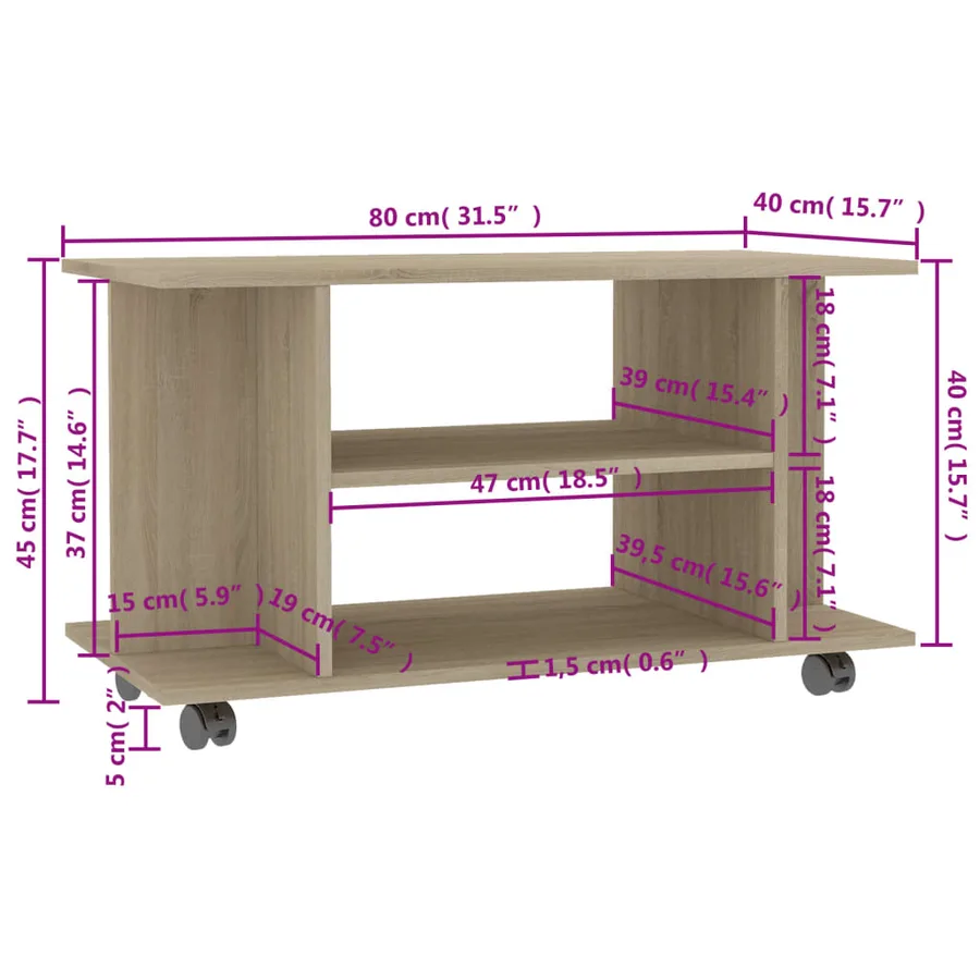 Meuble TV et roulettes chêne sonoma 80x40x45 cm bois ingénierie - 6