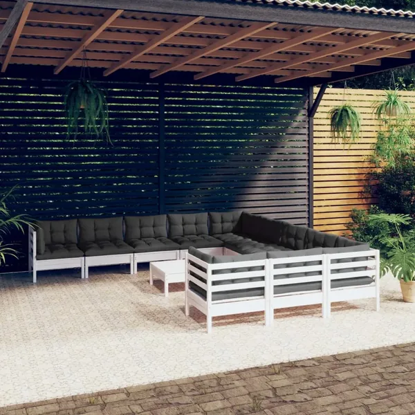 Salon de jardin 12 pcs avec coussins blanc bois de pin