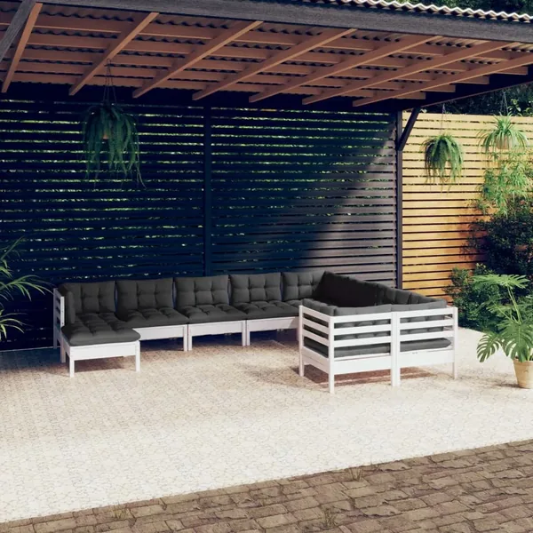 Salon de jardin 10 pcs avec coussins blanc bois de pin