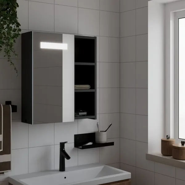 Armoire de salle de bain à miroir avec LED noir 45x13x52 cm