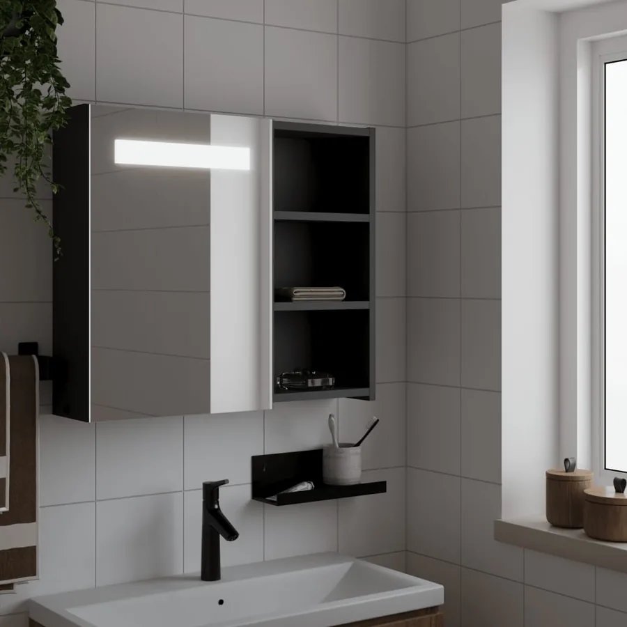 Armoire de salle de bain à miroir avec LED noir 60x13x52 cm