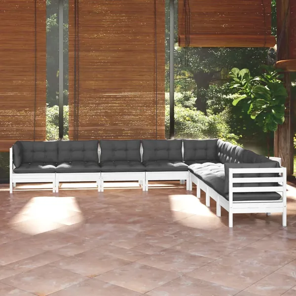 Salon de jardin 9 pcs avec coussins blanc bois de pin massif