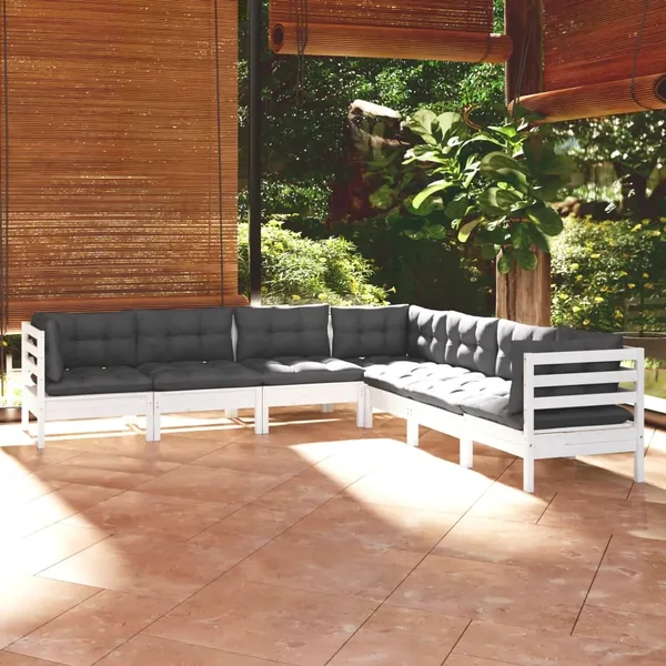 Salon de jardin 7 pcs avec coussins blanc bois de pin massif