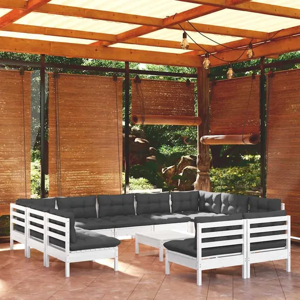 Salon de jardin 12 pcs avec coussins blanc bois de pin solide