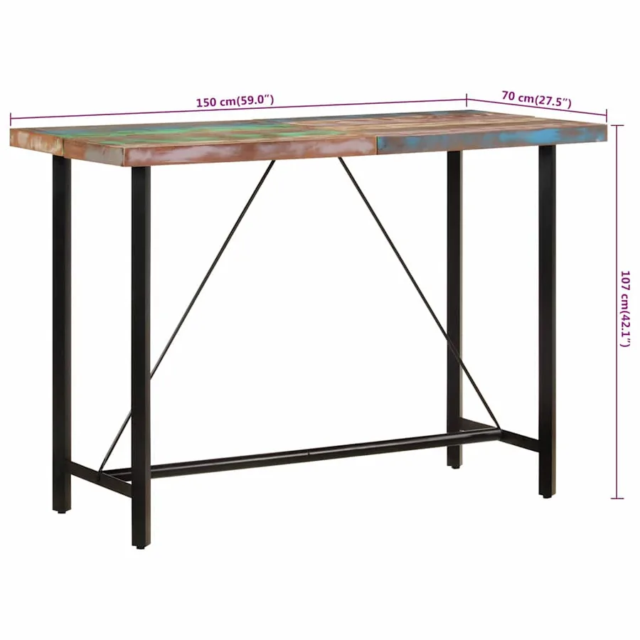 Table de bar 150x70x107 cm bois massif de récupération et fer - 8