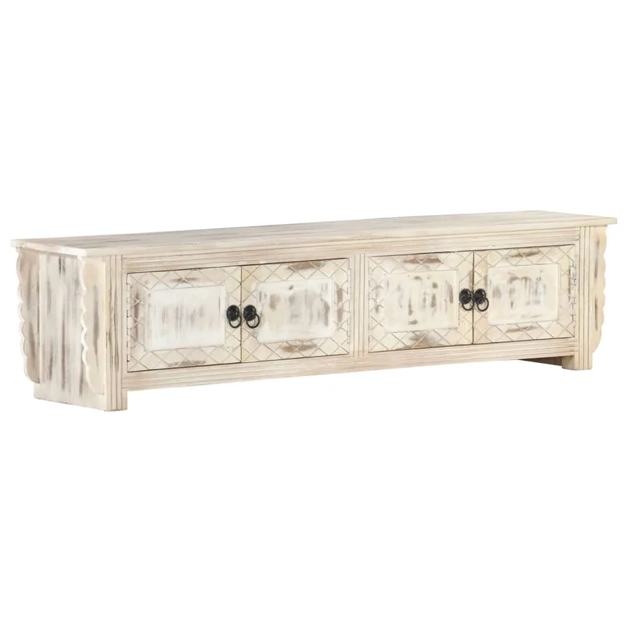 Meuble TV Blanc 140x30x35 cm Bois massif de manguier - 9