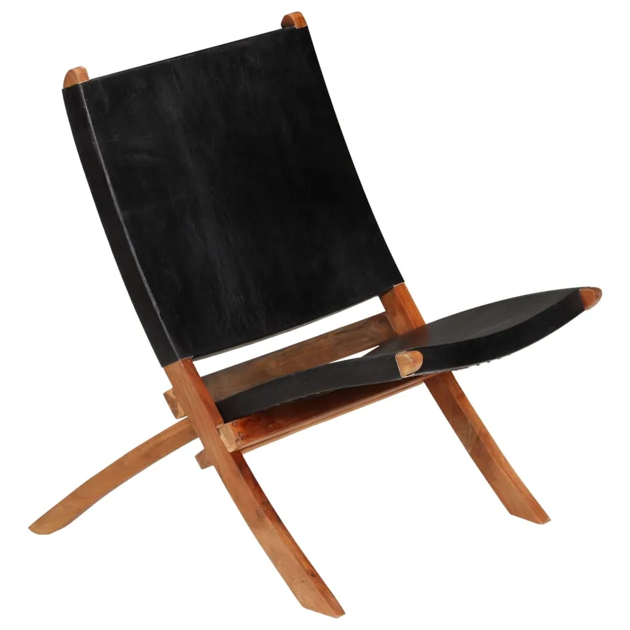 Chaise de relaxation pliable Noir Cuir véritable - 11
