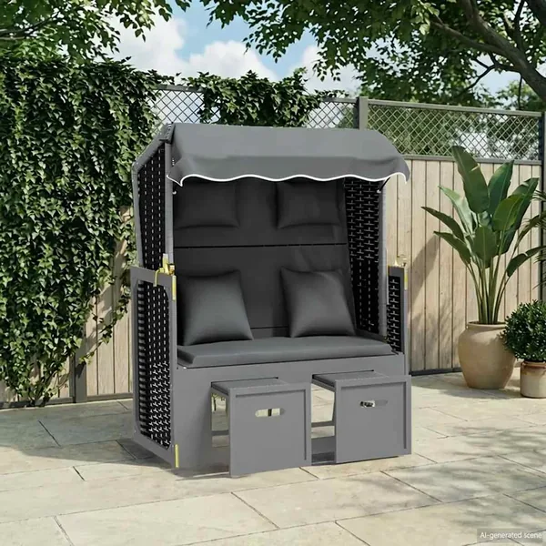 Strandkorb avec coussin poly rotin bois solide anthracite noir