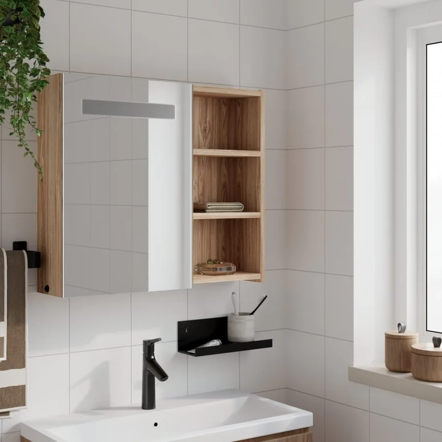 Armoire de salle de bain à miroir avec LED chêne 60x13x52 cm - 3