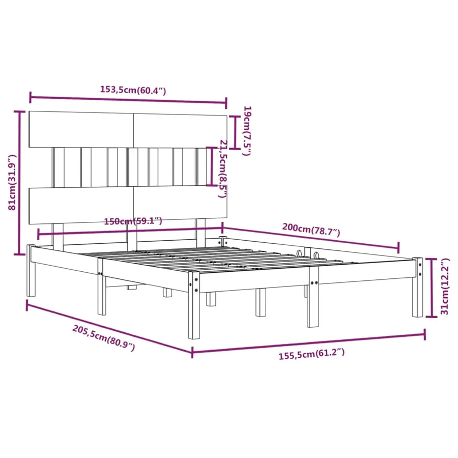 Cadre de lit sans matelas 150x200 cm bois massif - 6